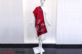 Red silk scarf embroidered with crane flower and parrot 40x200 cm